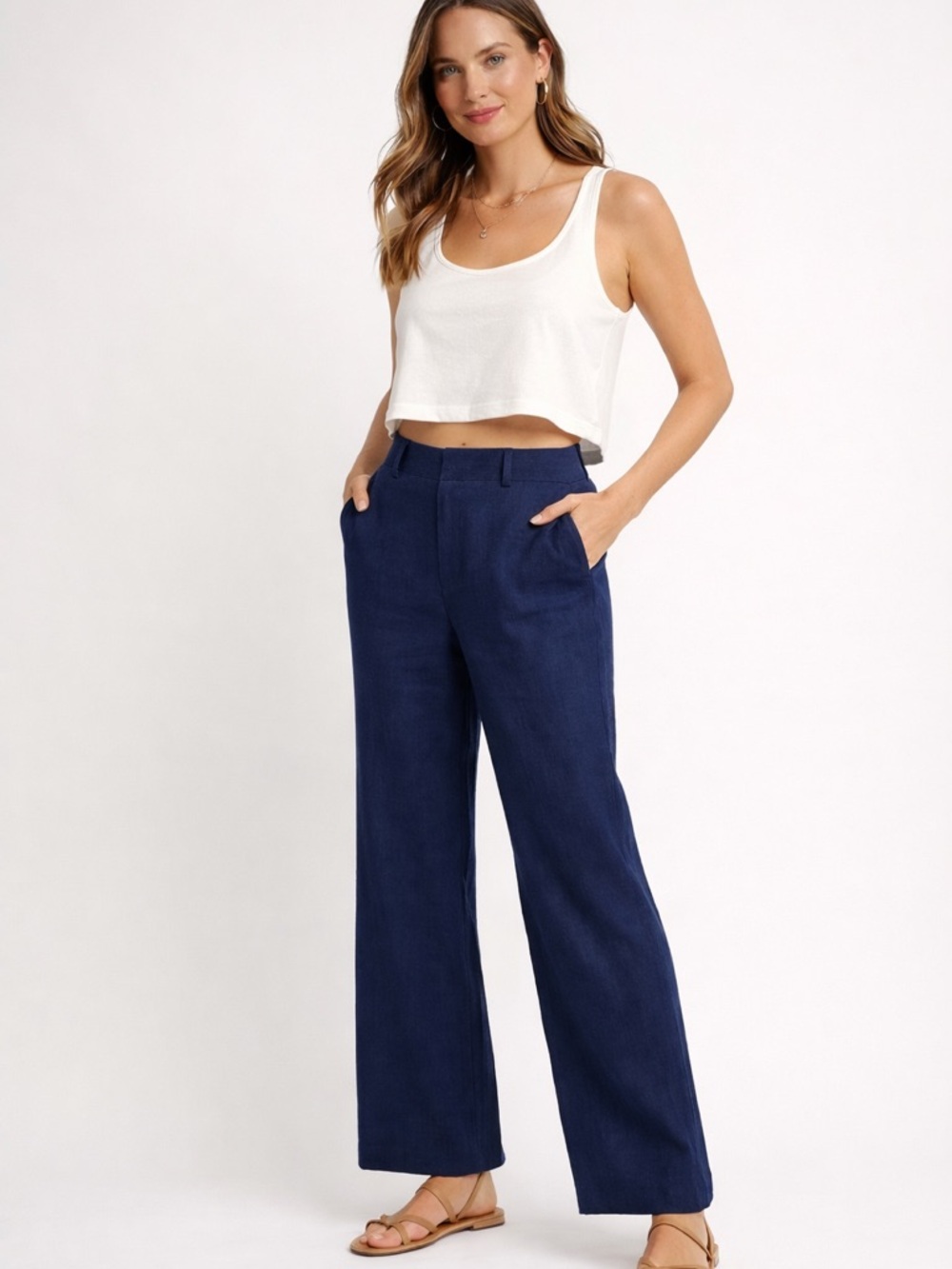 Epsilon 100% Linen Navy Wide Leg Pants Size 6 High Rise